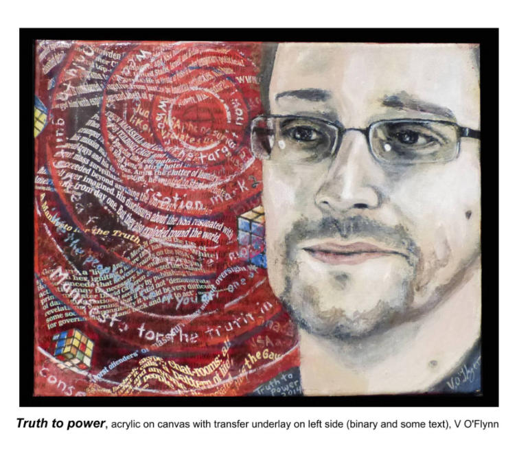 Edward Snowden painting Truth to power by Valerie O'Flynn  with text and rubics cubes Speak Truth to power