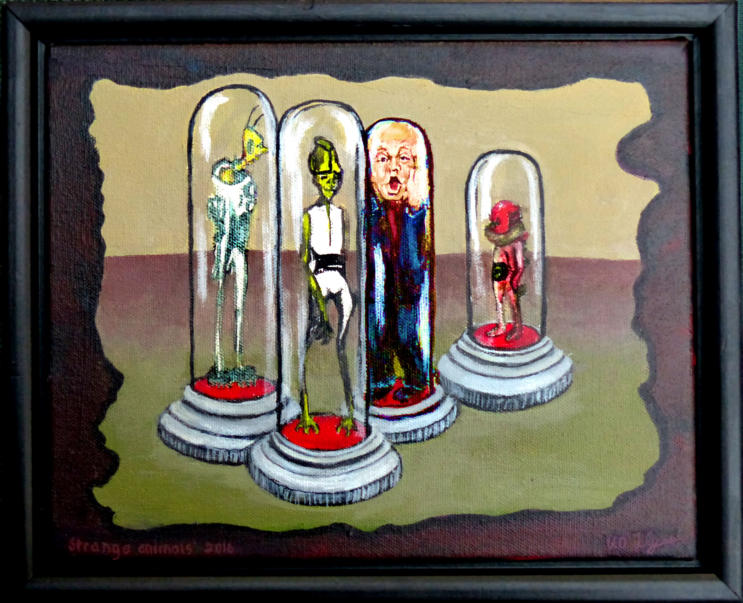 Strange animals Donald Trump in a Test tube with other aliens by Valerie O'Flynn title Creativity loop strange animals